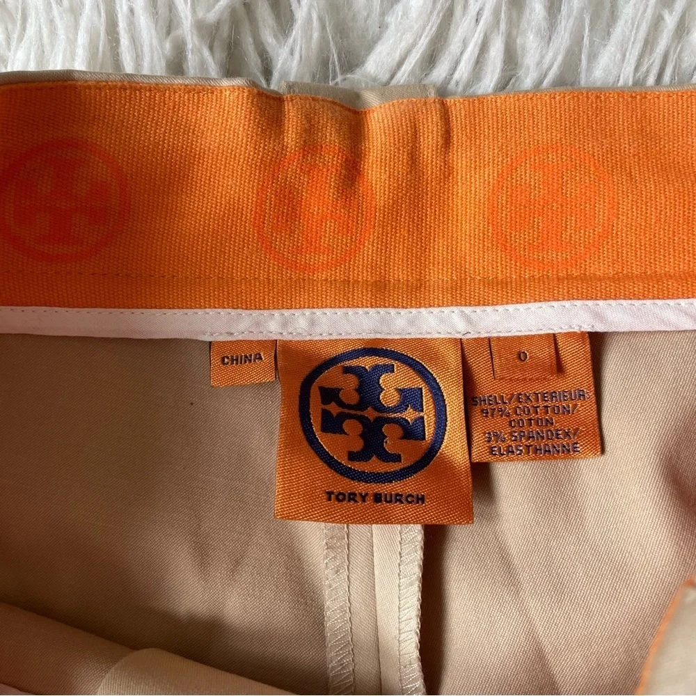Tory Burch Chino Khaki Tan Beige Logo Buttons Stretch Cotton Bermuda Shorts Sz 0